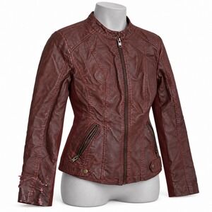 Live a Little Collection Womens Faux Leather Moto Jacket Burgundy Size M Peeling